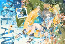  1girl absurdres bird_of_paradise_flower blue_background blue_choker blue_eyes blue_shorts brown_footwear brown_hair brown_hat choker dress english_text fishnet_dress flower full_body hair_flower hair_ornament halftone halftone_background hat highres holding holding_flower looking_at_viewer marcus_(on_the_white_sand)_(reverse:1999) marcus_(reverse:1999) multicolored_hair official_alternate_costume photo_(object) plant reverse:1999 sandals shell shorts sijiu_49 sitting sleeveless sleeveless_dress solo starfish strapless straw_hat tube_top very_low_bun white_tube_top yellow_flower yellow_innertube 
