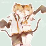  1boy 1girl animal_ears belt black_hairband black_sailor_collar black_shorts black_sleeves blonde_hair blue_background brother_and_sister cat_ears cat_tail collared_shirt crop_top detached_sleeves eyebrows_visible_through_hair fake_animal_ears hair_ornament hairband hairclip kagamine_len kagamine_rin kaneko_aaru long_sleeves neckerchief necktie sailor_collar sailor_shirt school_uniform serafuku shiny shiny_hair shirt short_hair short_shorts shorts siblings sleeveless sleeveless_shirt sleeves_past_fingers sleeves_past_wrists tail vocaloid white_shirt yellow_neckwear 