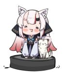  1girl :3 :d =_= animal_ears blush cat cat_ears chibi detached_sleeves gradient_hair hololive horns kemonomimi_mode multicolored_hair nakiri_ayame namaonpa open_mouth redhead roomba simple_background smile virtual_youtuber white_background white_hair 