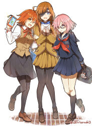  3girls :o ahoge alternate_costume arms_behind_back bag black-framed_eyewear black_bag black_pantyhose black_skirt black_socks blue_bow blue_bowtie blue_eyes blue_sailor_collar blue_serafuku blue_shirt blue_skirt bow bowtie brown_footwear brown_hair brown_jacket brown_skirt brown_vest cellphone character_charm charm_(object) eyepatch fate/grand_order fate_(series) fou_(fate) fujimaru_ritsuka_(female) full_body glasses hair_over_one_eye highres holding holding_another's_arm holding_bag holding_letter holding_phone homurabara_academy_school_uniform implied_hetero jacket kneehighs letter light_blush loafers long_hair long_sleeves looking_at_viewer love_letter mash_kyrielight multiple_girls neck_ribbon neckerchief one_eye_closed open_mouth ophelia_phamrsolone orange_eyes orange_hair pantyhose phone pink_hair pleated_skirt red_neckerchief red_ribbon ribbon sailor_collar school_uniform serafuku shirt shoes short_hair skirt smartphone smile socks standing standing_on_one_leg sweatdrop teeth tsukumihara_academy_uniform_(fate/extra) tsukumihara_academy_uniform_(fate/extra_ccc) twitter_username upper_teeth_only vest violet_eyes white_background white_shirt worrisorochi 