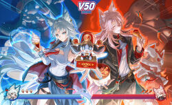  1boy 1girl achyue alternate_costume animal_ear_fluff animal_ears black_jacket black_pants blue_nails breasts chibi chibi_inset chicken_(food) chicken_leg chinese_clothes chinese_commentary cleavage_cutout closed_eyes closed_mouth clothes_around_waist clothing_cutout commentary_request feixiao_(honkai:_star_rail) food forehead_jewel fox_boy fox_ears fox_girl green_eyes highres holding holding_food holding_ice_cream_cone honkai:_star_rail honkai_(series) ice_cream ice_cream_cone jacket jacket_on_shoulders jiaoqiu_(honkai:_star_rail) long_hair medium_breasts nail_polish pants parted_lips pepper_(spice) pink_hair pom-pom_(honkai:_star_rail) shirt smile soft_serve thigh_strap very_long_hair white_hair white_jacket white_shirt 