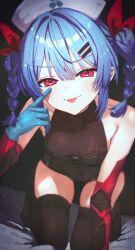  1girl :p absurdres all_fours bare_shoulders bent_over black_leotard blue_hair braid breasts colphne_(girls'_frontline_2) elbow_gloves eyelid_pull finger_to_eye full_body girls'_frontline_2:_exilium girls_frontline gloves hair_between_eyes hair_ornament hair_ribbon hairclip half-closed_eyes hand_up hat highres kneeling leotard looking_at_viewer medium_hair nurse_cap red_eyes red_ribbon ribbon rishe_(reeeeshe) skindentation small_breasts smug solo teasing thigh-highs thighs tongue tongue_out twin_braids twintails 
