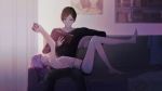  1boy 1girl across_lap barefoot black_shirt bookshelf couch crop_top indoors lying on_back oosoto_masaki purple_hair shirt tasokare_hotel tsukahara_neko yici_(yici8433) 