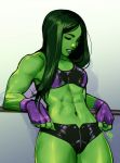  1girl abs breasts english_commentary fingerless_gloves gloves green_hair green_lips green_skin long_hair looking_down marvel midriff navel purple_gloves she-hulk small_breasts smile solo vashperado 