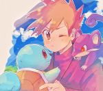  1boy bangs blue_oak blush brown_eyes closed_mouth clouds commentary_request day eyebrows_visible_through_hair gen_1_pokemon grass hanenbo holding holding_pokemon looking_to_the_side on_shoulder one_eye_closed orange_hair outdoors pokemon pokemon_(creature) pokemon_(game) pokemon_on_shoulder pokemon_rgby rattata sky spiky_hair squirtle upper_body 