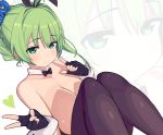  1girl :3 animal_ears bangs bow bowtie bunny_girl bunnysuit detached_collar eyebrows_visible_through_hair fingerless_gloves gloves green_eyes green_hair highres last_origin looking_at_viewer p-29_lindwurm rabbit_ears rose_neru solo v wrist_cuffs zoom_layer 