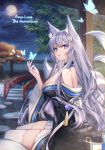  1girl animal_ear_fluff animal_ears azur_lane bangs bare_shoulders blue_butterfly breasts choker floral_print fox_ears hair_between_eyes hair_ornament hand_up japanese_clothes kimono kitsune koyukomu large_breasts looking_at_viewer moon multiple_tails night obi off-shoulder_kimono parted_lips purple_hair sash shinano_(azur_lane) sitting solo tail thigh-highs violet_eyes white_legwear 