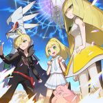  1boy 2girls backpack bag black_pants blonde_hair blush clefairy clenched_hands closed_mouth commentary_request dress family gen_1_pokemon gen_7_pokemon gladion_(pokemon) green_eyes hair_over_one_eye hand_on_hip hands_up legendary_pokemon lillie_(pokemon) long_hair long_sleeves lusamine_(pokemon) multiple_girls open_mouth pants pheromosa pleated_skirt pokemon pokemon_(creature) pokemon_(game) pokemon_masters_ex pokemon_sm saitou_naoki short_sleeves silvally skirt standing teeth tongue ultra_beast 