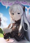  1girl absurdres artist_name bangs black_capelet blurry blurry_background butterfly_hair_ornament capelet commentary cookie cup day echidna_(re:zero) elbows_on_table english_commentary food hair_ornament highres holding holding_cup long_hair long_sleeves looking_at_viewer plate re:zero_kara_hajimeru_isekai_seikatsu sasoura smile solo steam teacup upper_body v-shaped_eyebrows violet_eyes white_background 