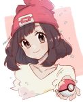  1girl bangs beanie black_hair closed_mouth collarbone commentary_request eyelashes floral_print grey_eyes hand_up hanenbo hat holding holding_poke_ball medium_hair poke_ball poke_ball_(basic) pokemon pokemon_(game) pokemon_sm red_headwear selene_(pokemon) shirt signature smile solo upper_body 