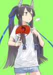  1girl artist_name black_hair blue_ribbon blue_shorts cowboy_shot dated fan green_background green_eyes hair_ribbon headgear holding holding_fan i-47_(kantai_collection) kantai_collection kawashina_(momen_silicon) long_hair paper_fan ponytail ribbon shirt short_sleeves shorts sidelocks signature simple_background solo uchiwa white_shirt 