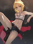  1girl aito bangs bare_shoulders belt blonde_hair boots braid breasts cigarette denim denim_shorts fate/apocrypha fate/grand_order fate_(series) green_eyes hair_ornament hair_scrunchie highres jacket jewelry long_hair looking_at_viewer mordred_(fate) mordred_(fate)_(all) narrow_waist navel necklace ponytail red_scrunchie scrunchie shorts simple_background small_breasts smile solo 