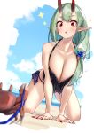  1girl :o absurdres akari_(baffu) all_fours baffu beach bikini blue_sky breasts clouds collarbone commentary_request crab day eyebrows_visible_through_hair fingernails green_hair hair_ornament highres horns kneeling large_breasts looking_at_animal nail_polish ocean original outdoors pointy_ears red_eyes red_horns red_nails sand side-tie_bikini sky solo swimsuit 