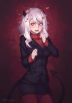  1girl black_horns black_jacket black_tail blazer blush breasts demon_girl demon_horns demon_tail heart heart-shaped_pupils heart_eyes helltaker horns jacket medium_breasts medium_hair modeus_(helltaker) phrecklesart red_background red_sweater ribbed_sweater surprised sweater symbol-shaped_pupils tail white_hair 