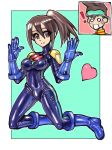  1boy 1girl bodysuit breasts brown_eyes brown_hair closed_mouth highres hoshikawa_akane hoshikawa_subaru_(rockman) looking_at_viewer mother_and_son oomasa_teikoku open_mouth ponytail rockman ryuusei_no_rockman skin_tight smile 