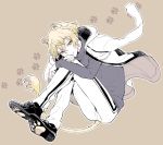  1boy animal_ears blonde_hair fang higekiri_(touken_ranbu) jacket jacket_on_shoulders kemonomimi_mode kuroemon lion_ears lion_tail male_focus pants paw_print shoes smile sneakers tail touken_ranbu track_jacket track_pants turtleneck yellow_eyes 