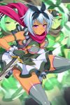  1girl afterimage blue_hair blush bow breasts closed_mouth dress dual_wielding grey_legwear hair_bow holding holding_weapon irma medium_breasts official_art pink_eyes queen&#039;s_blade queen&#039;s_blade_unlimited queen&#039;s_blade_white_triangle scarf short_dress short_hair short_sword skindentation solo sword tan thigh-highs weapon 