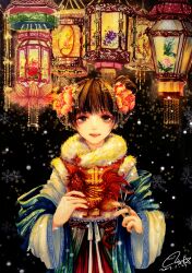  1girl astar0w0 between_fingers blue_shawl bow brown_eyes brown_hair chinese_clothes chinese_zodiac cowboy_shot dated eyelashes eyeshadow fireworks flower fur-trimmed_vest fur_trim hair_bun hair_flower hair_ornament happy highres holding holding_scissors lantern long_sleeves looking_at_viewer makeup night open_mouth orange_flower original outdoors paper_lantern pleated_skirt red_eyeshadow red_skirt red_vest scissors shawl short_hair signature single_side_bun skirt smile snowflakes snowing solo straight-on teeth upper_teeth_only vest waist_bow white_bow white_sleeves wide_sleeves year_of_the_rooster 