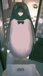  2girls absurdres animal_costume aozaki_aoko black_bow black_eyes black_hair bow box checkered_floor chibi chibi_inset commentary full_body highres holding holding_box jacket kuonji_alice laughing mahou_tsukai_no_yoru multiple_girls open_door penguin_costume pov standing sweatdrop symbol-only_commentary white_jacket yuishironeko 