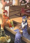  2girls animal blue_hair blue_kimono book cat floral_print flower fox hair_flower hair_ornament highres holding holding_animal holding_book holding_cat japanese_clothes kimono long_hair love_live! love_live!_school_idol_project multiple_girls nishikino_maki open_book open_mouth orein red_kimono redhead shouji sitting sliding_doors smile sonoda_umi tatami veranda violet_eyes wide_sleeves yellow_eyes 