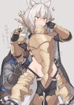  1boy 1girl alliah_istavion animal_ears armor bare_back bike_shorts blonde_hair breastplate brown_eyes brown_hair embarrassed erune gauntlets gran_(granblue_fantasy) granblue_fantasy shiseki_hirame shoulder_armor tickling translation_request wavy_mouth wedgie 