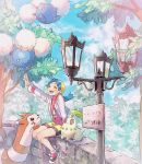  1girl arm_up bangs bike_shorts blue_hair chikorita closed_eyes clouds day furret gen_2_pokemon hanenbo highres jacket jumpluff kris_(pokemon) legs_together long_sleeves open_mouth outdoors parted_bangs pokemon pokemon_(creature) pokemon_(game) pokemon_gsc shiny shiny_hair shoes sitting sky smile starter_pokemon teeth tongue tree wall white_jacket 
