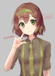  1girl amaya_kiku axis_powers_hetalia belgium_(hetalia) brown_hair green_headband green_neckwear grey_background grey_shirt hand_up headband highres necktie shirt short_hair suspenders upper_body 