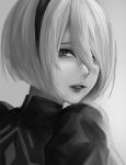  1girl greyscale hairband highres looking_at_viewer mole mole_under_mouth monochrome nier_(series) nier_automata nyatokanyaru puffy_sleeves short_hair simple_background solo yorha_no._2_type_b 