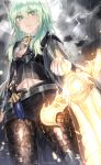  1girl absurdres armor artist_name bangs black_armor black_cape black_shirt black_shorts blush breasts brown_legwear byleth_(fire_emblem) byleth_eisner_(female) cape closed_mouth clouds cloudy_sky commentary cowboy_shot dagger emblem eyebrows_visible_through_hair fire_emblem fire_emblem:_three_houses glowing glowing_weapon green_eyes green_hair hair_between_eyes highres holding holding_sword holding_weapon kanniiepan lightning long_hair looking_at_viewer medium_breasts navel navel_cutout pantyhose patterned_clothing rain sheath sheathed shirt short_shorts shorts sidelocks sky solo standing sword sword_of_the_creator vambraces watermark weapon wet wet_clothes wet_hair 