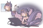  1girl absurdres bangs black_dress blunt_bangs bottle bottle_cap cable collar drawing_tablet dress highres hololive hololive_english jarv keypad ninomae_ina&#039;nis pointy_ears purple_hair smile solo strapless strapless_dress stylus tentacle_hair tentacles 