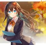  1girl aqua_eyes aqua_hair autumn autumn_leaves black_jacket blazer blurry blurry_background blush bow bowtie brown_hair closed_mouth collared_shirt commentary_request cowboy_shot day depth_of_field floating_hair gradient_hair grey_skirt highres holding ion_(on01e) jacket leaf leaf_on_head long_hair long_sleeves looking_at_viewer maple_leaf miniskirt multicolored_hair open_clothes open_jacket orange_bow orange_neckwear original outdoors school_uniform shirt skirt sleeves_past_wrists smile solo sweater_vest white_shirt wind 