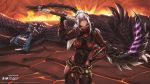  1girl after_battle alatreon armor fangs hand_on_hip highres hip_vent hybridmink long_sword mask monster_hunter monster_hunter:_world mouth_mask odogaron_(armor) over_shoulder scar scythe sideways_glance silver_hair weapon weapon_on_back weapon_over_shoulder 