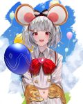  1girl :d absurdres animal_ears balloon bangs betabeet blue_sky blunt_bangs blush bow bowtie clouds collared_shirt day eyebrows_visible_through_hair fake_animal_ears gem granblue_fantasy hair_ornament hairband hairclip heart highres long_sleeves mouse_ears navel open_mouth outdoors red_bow red_eyes red_hairband red_neckwear shirt short_hair silver_hair sky smile solo striped striped_bow upper_body vikala_(granblue_fantasy) white_shirt 