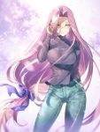  1girl bikkusama black_sweater blue_pants blue_ribbon breasts casual closed_mouth commentary_request cute denim emiya-san_chi_no_kyou_no_gohan eyebrows_visible_through_hair fate/stay_night fate_(series) floating_hair forehead glasses hair_ribbon hand_in_hair heaven&#039;s_feel highres jeans large_breasts lips long_hair long_sleeves looking_at_viewer medusa_(fate)_(all) nangoku_(bikku) pants pink_hair ribbon rider smile solo sweater turtleneck turtleneck_sweater type-moon very_long_hair yellow_eyes 