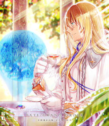 1boy akuta_hinako ascot beryl_gut blonde_hair blue_ascot blue_eyes blurry cape chromatic_aberration closed_mouth copyright_name crypters_(fate/grand_order) cup daybit_sem_void depth_of_field fate/grand_order fate_(series) feathers frilled_sleeves frills from_side gloves gold_trim hair_between_eyes hand_up holding holding_cup holding_saucer hologram jacket jewelry kadoc_zemlupus kirschtaria_wodime leaf long_hair long_sleeves male_focus necklace ophelia_phamrsolone saucer scandinavia_peperoncino side_cape smile solo table tea teacup unworn_jewelry unworn_necklace upper_body white_cape white_feathers white_gloves white_jacket worrisorochi yu_mei-ren_(fate) 