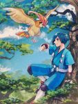  1boy blue_eyes blue_hair blue_jacket blue_shorts blush bracer clenched_hand closed_mouth clouds commentary_request day falkner_(pokemon) gen_1_pokemon hand_up hanenbo highres jacket outdoors pidgeotto pokemon pokemon_(creature) pokemon_(game) pokemon_hgss sash short_hair short_sleeves shorts signature sitting sky tree 