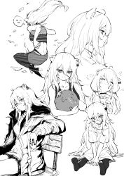  1girl aged_down animal_ear_piercing animal_ears coat crop_top double-parted_bangs greyscale hair_between_eyes highres hololive jacket jewelry lion_ears long_hair long_hair_between_eyes median_furrow messy_hair monochrome multiple_views necklace not_nodu open_clothes open_jacket oversized_clothes oversized_shirt self-borrowed_hairstyle shirt shishiro_botan shishiro_botan_(1st_costume) shishiro_botan_(button-down) shishiro_botan_(casual) ssrb_(shishiro_botan) virtual_youtuber white_background 