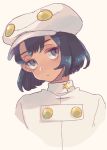  1girl aether_foundation_employee bangs black_hair bob_cut buttons commentary_request eyebrows_visible_through_hair grey_eyes half-closed_eyes hanenbo hat head_tilt highres looking_to_the_side pokemon pokemon_(game) pokemon_sm solo turtleneck upper_body white_background white_headwear 