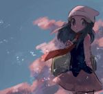  1girl arm_behind_back bag beanie blush commentary_request hikari_(pokemon) duffel_bag eyelashes from_side hair_ornament hairclip hanenbo hat highres holding_strap long_hair looking_at_viewer looking_to_the_side poke_ball_symbol pokemon pokemon_(game) pokemon_dppt red_scarf scarf sketch solo white_headwear yellow_bag 