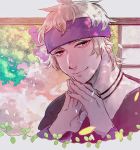  1boy bangs blonde_hair closed_mouth commentary_request fingernails foliage hands_together hanenbo highres jewelry long_sleeves looking_at_viewer male_focus messy_hair morty_(pokemon) necklace pink_eyes plant pokemon pokemon_(game) pokemon_hgss purple_headband sketch smile solo vines 