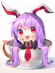  1girl animal_ears bangs blazer blush chibi crescent crescent_moon_pin cup eyelashes gunjou_row hands_on_own_chest highres in_container in_cup jacket long_hair long_sleeves minigirl necktie purple_hair rabbit_ears red_eyes red_nails red_neckwear reisen_udongein_inaba saucer smile solo teacup touhou very_long_hair white_background 