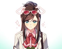  1girl ace_attorney armband bag brown_hair coat doodle_inset ema_skye eyewear_on_head frown green_eyes green_vest hm_maaang korean_commentary lab_coat long_hair neckerchief phoenix_wright:_ace_attorney_-_spirit_of_justice pink_shirt red-tinted_eyewear red_neckerchief shirt shoulder_bag solo tinted_eyewear upper_body vest white_coat 