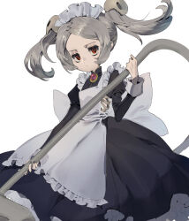  1girl absurdres apron black_dress black_nails bloody_marie_(skullgirls) dress forehead frilled_apron frilled_headwear frills gem grey_hair highres holding long_hair long_sidelocks long_sleeves looking_at_viewer maid maid_headdress nail_polish nose red_eyes sidelocks simple_background skullgirls solo tanakalma twintails white_background 