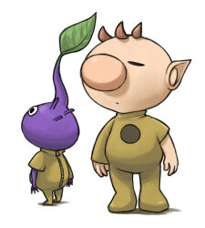  1boy asymmetrical_sleeves big_nose black_eyes bodysuit brown_bodysuit brown_hair closed_eyes closed_mouth commentary_request cosplay expressionless from_behind leaf light_frown long_sleeves naru_(wish_field) no_mouth olimar pikmin_(creature) pikmin_(series) plasm_wraith plasm_wraith_(cosplay) pointy_ears purple_hair purple_pikmin short_hair short_sleeves simple_background sleeves_past_wrists standing turtleneck very_short_hair white_background zipper zipper_pull_tab 