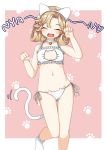  1girl alternate_costume animal_ears bell bell_choker blonde_hair blush cat_cutout cat_ears cat_lingerie cat_tail choker closed_eyes fake_animal_ears fake_tail flat_chest highres janus_(kantai_collection) jingle_bell kantai_collection meme_attire nassukun open_mouth panties paw_pose paw_print short_hair side-tie_panties simple_background socks solo tail two-tone_background underwear white_footwear 