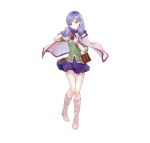  1girl absurdres bangs belt_pouch blush book boots cape capelet circlet commentary_request eyebrows_visible_through_hair fire_emblem fire_emblem:_path_of_radiance fire_emblem_heroes hand_on_own_chest hand_up hanekoto highres ilyana_(fire_emblem) jewelry knee_boots long_hair looking_at_viewer miniskirt official_art pouch purple_hair purple_skirt shiny shiny_hair short_sleeves simple_background skirt solo standing tied_hair violet_eyes white_background white_footwear 