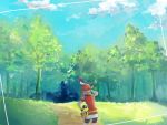  1girl bike_shorts bird clouds commentary_request day fanny_pack forest from_behind grass hanenbo may_(pokemon) nature on_head outdoors pokemon pokemon_(creature) pokemon_(game) pokemon_on_head pokemon_rse red_bandana short_sleeves sky tailow tree 