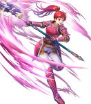  1girl armor armored_boots asatani_tomoyo axe bangs battle_axe belt boots breastplate elbow_pads fire_emblem fire_emblem:_path_of_radiance fire_emblem_heroes gauntlets hand_up high_ponytail highres holding holding_weapon jill_(fire_emblem) leg_up long_hair long_sleeves looking_away official_art open_mouth pants polearm ponytail red_armor red_eyes redhead shiny shiny_hair shoulder_armor solo tied_hair transparent_background weapon white_pants 