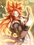 1boy aura blue_eyes come_at_me_bro dragon_ball dragon_ball_gt fur gogeta highres looking_at_viewer male_focus mattari_illust metamoran_vest monkey_tail muscle open_mouth pants redhead smile solo spiky_hair tail white_pants 