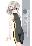  1girl artist_name asymmetrical_hair bangs black_wetsuit character_name commentary_request cowboy_shot flat_chest flipped_hair grey_eyes highres inaba_shiki kantai_collection nowaki_(kantai_collection) silver_hair simple_background sleeveless smile solo standing swept_bangs wetsuit white_background 